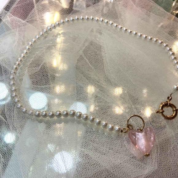 Y2k Style Pearl Choker Pink Crystal Resin Pendant Accesory Women Necklace - Picture 4 of 6